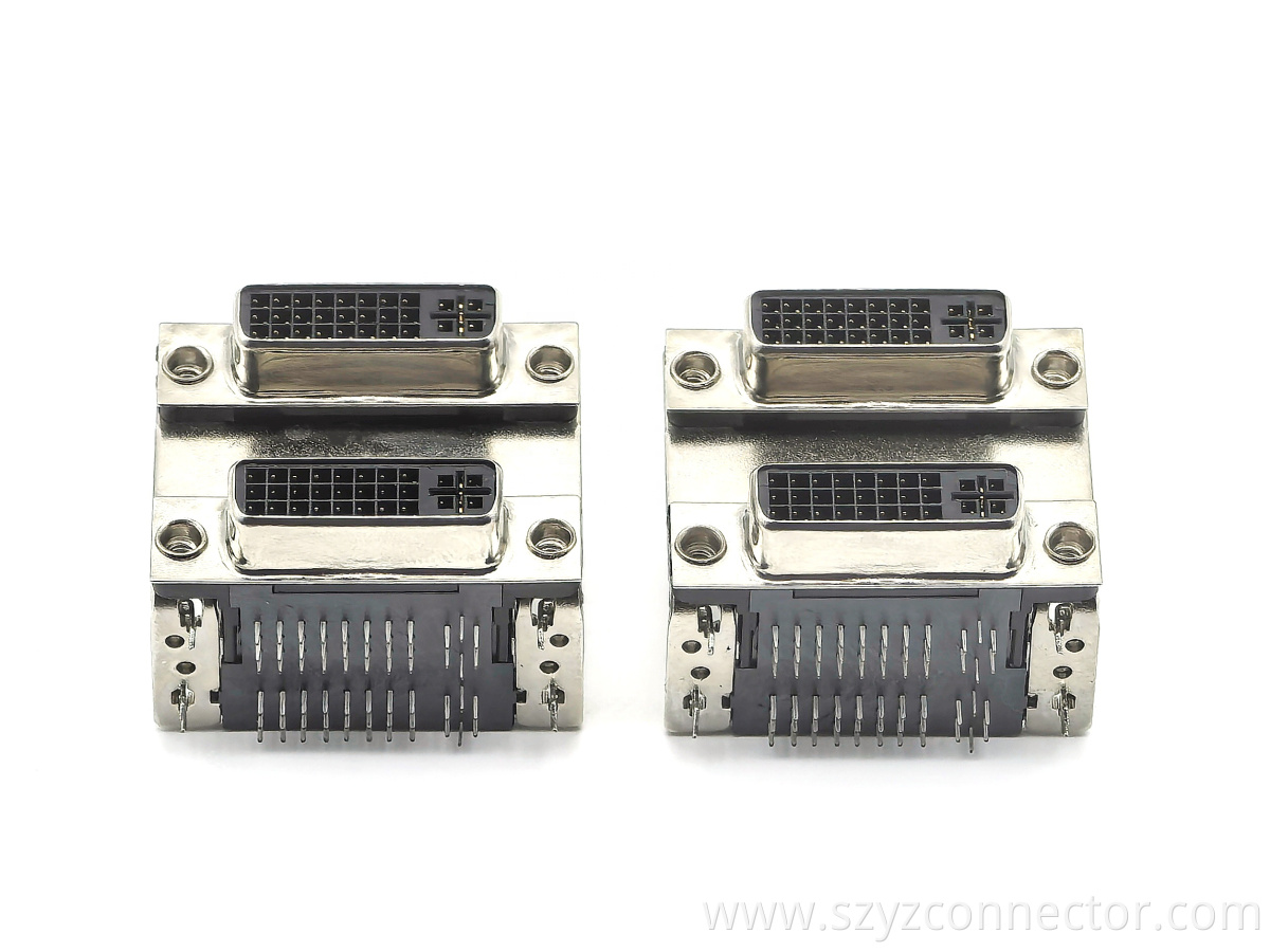 DVI Dualport Connector: DVI-24+5 Female Receptacle Right-Angle DIP Panel-Mount Black Plastic
